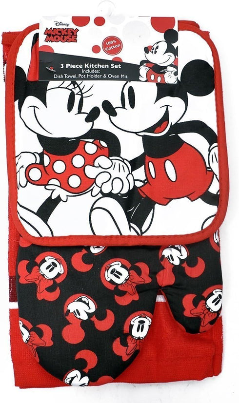 Disney Oven Mitt Pot Holder & Dish Towel 3 pc Kitchen Set (Mickey Minnie Red)...