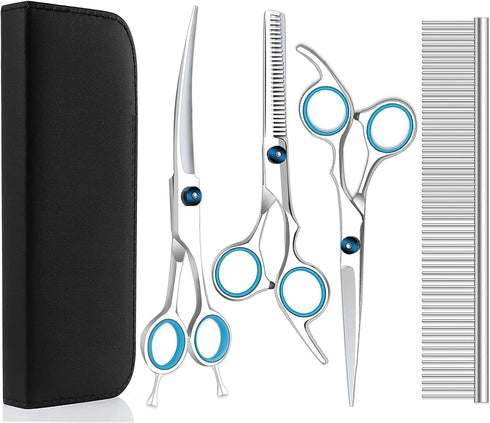 Professional Dog Grooming Scissors Set with Safety Round Tip 4CR Stainless Steel Pet Grooming Shears for Cats & Dogs (Blue)...