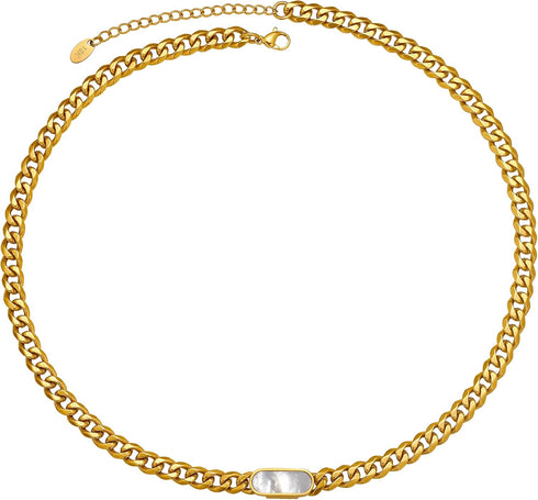 Womens 18K Real Gold Plated Dainty Necklace Choker With Mother-of-Pearl Shell, 6mm 316L Stainless Steel Diamond-Cut Curb Cuban Link Chain(6mm,16in...