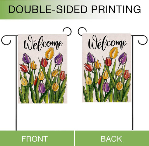 Welcome Spring Floral Flowers Garden Flag Double Sided, Tulip Decorative Yard Outdoor Home Small Decor, Summer Farmhouse Burlap Outside House Deco...