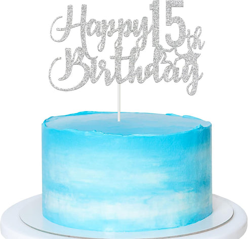 Paroke & Bubble Silver Glitter Happy 15th Birthday Cake Topper - 15th Birthday Cake Topper, 15th Birthday Party Decoration...