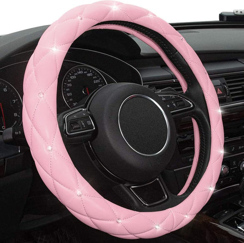 Xizopucy Pink Steering Wheel Cover, Diamond Leather Bling Steering Wheel Cover, Anti-Slip Steering Wheel Protector with Crystal Rhinestones for Wo...