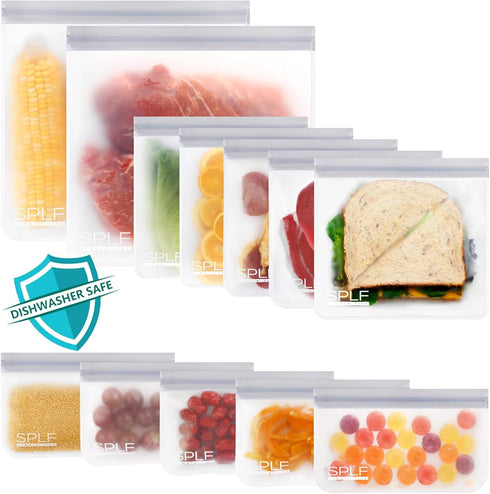 SPLF 12 Pack Dishwasher Safe Reusable Storage Bags(5 Reusable Sandwich 5 Snack 2 Gallon), Extra Thick Freezer Bags Leakproof Silicone and Plastic ...