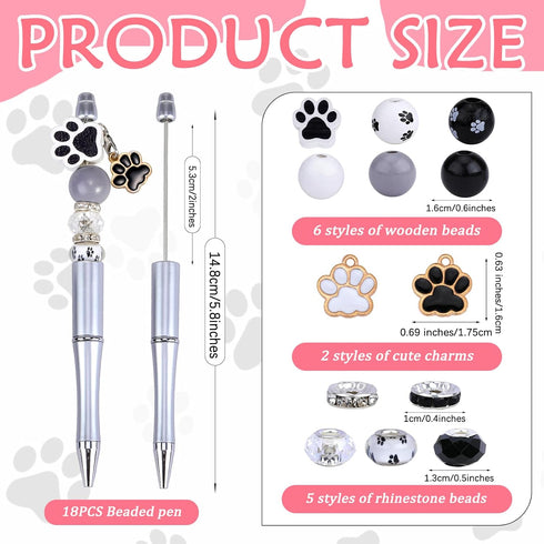18 Set Bead Pen Bulk DIY Beaded Pens,54 Wooden Beads,36 Crystal Spacer Beads And 30 Glass Beads, 18pcs Lobster Clasp And Dog Paw Pendant For Diy G...