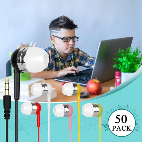 Kids Earbuds Bulk 50 Pack Colors Mixed, Wholesale Earphones in-Ear Headphones Perfect for Schools Classrooms Students Teens Children Gift and Adul...