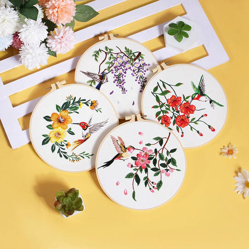 Embroidery Kit for Beginners with Hummingbird Pattern and Instructions,4 Pack Cross Stitch Kits,2 Wooden Embroidery Hoops,Threads and Needles,Need...