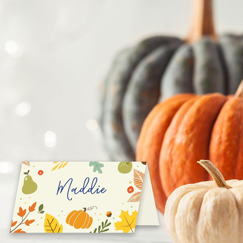 Koko Paper Co Thanksgiving Place Cards with Pumpkin and Autumn Foliage. Pack of 50 Tent Style Cards for Thanksgiving and Other Fall, Autumn Events...