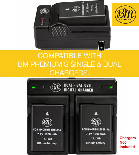BM Premium EN-EL14A Battery for Nikon D3100, D3200, D3300, D3400, D3500, D5100, D5200, D5300, D5500, D5600, DF, Coolpix P7000, P7100, P7700 Digita...
