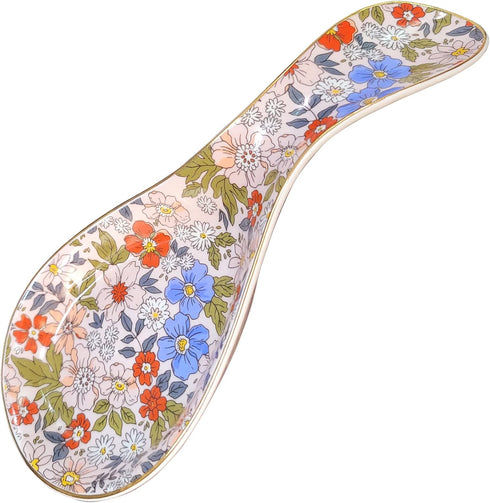 Ceramic Spoon Rest for Stove Top Large Spoon Holder Farmhouse Spoon Rest for Kitchen Counter Floral Coffee Spoon Rest Flowers Print Cooking Utensi...