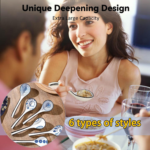 6 Pcs Asian Soup Spoons, Ceramic Soup Spoon Set, 6.5-inch Long Handled Soup Spoons with Non-slip Bottom, Japanese Style Soup Spoons for Ramen, Noo...