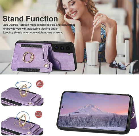S22 Case,Card Holder Wallet for Samsung Galaxy S22 Case,Ring Holder Stand,RFID-Blocking,Wrist Strap,Camera Protector,Leather Protective Magnetic F...