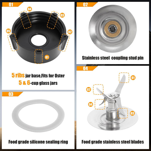 Blender Blade for Oster Osterizer with Sealing Ring Gasket 4902 Jar Bottom Coupling Stud Pin Kit Compatible with Oster Blender Glass Jar Replaceme...