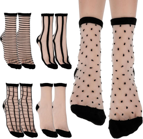 5Pairs Sheer Ankle Socks Black See Through Socks Striped Plaid Dot Cute Transparent Socks for Women Girls...