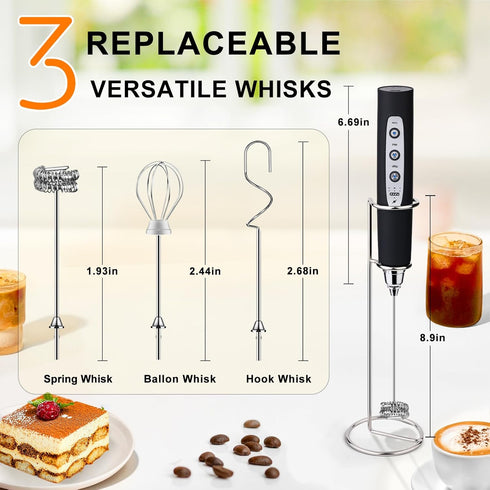 YUSWKO Black Handheld Milk Frother Wand with Stand for Coffee, Rechargeable Electric Whisk with 3 Heads 3 Speeds Drink Mixer Coffee Frother For La...