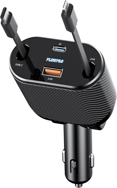 PLDHPRO Retractable Car Charger 4 in 1 62W Fast Charging Adapter, Retractable Cable and Dual Charger Ports Compatible iPhone 15/14/13/12 Pro Max X...