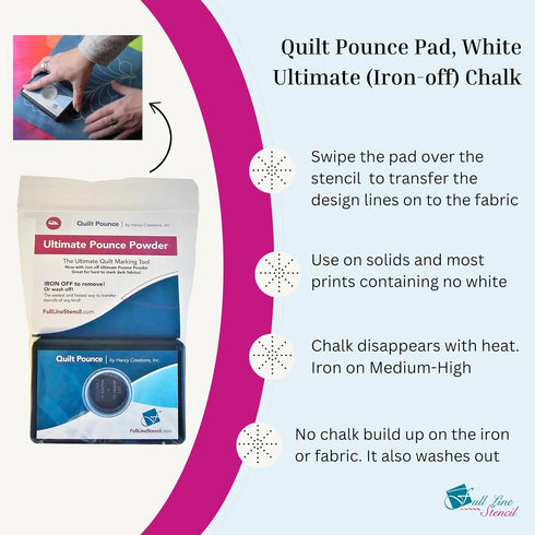 Ultimate Quilt Pounce Pad with Refillable Iron-off Chalk Powder, for Design Transfer and Fabric Marking using Quilting Stencils – 2 oz White Chalk...