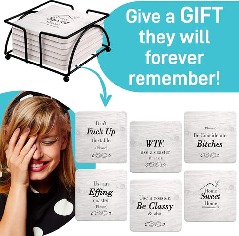 White Elephant Gifts for Adults, Secret Santa Funny Coasters with Holder Christmas Stocking Stuffers for Men Women, Gag Gifts Couples Birthday Hou...