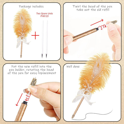 CROWN GUIDE Ostrich Feather Quill Ballpoint Pen for Wedding Guest Book Signing Reception Bridal Shower 50th Anniversary, Fancy Nikkah Pen for Brid...