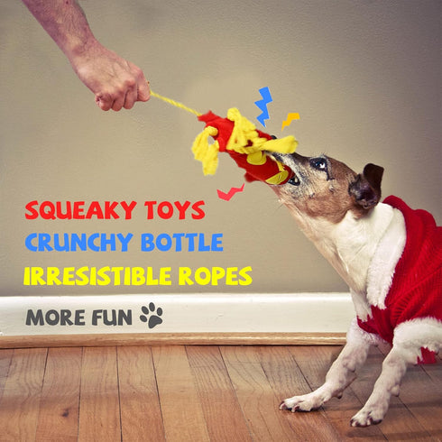 Water Bottle Dog Toys - Dog Puzzle Squeaky Enrichment Treat Dispensing Rope Snuffle Plush Toys, No Stuffing Durable Soft Crunchy Toys for Small Me...