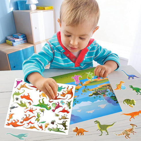 Reusable Sticker Pad Set:Vehicle and Dinosaur-Restickable Sticker Activity Playset for Kids Toddlers Boys Ages 2-4 4-8 Years. Includes Constructio...