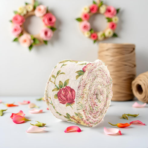 Burlap Ribbon, 32.8ft Long x 2.0in Wide Rose Flower Printed Burlap Ribbon Hessian Jute Belt Strap Wedding Cloth Decoration...