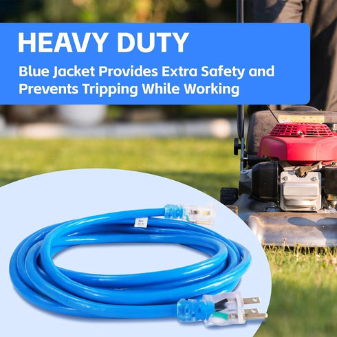 6 FT Outdoor Extension Cord with Lighted End - 12/3 Gauge Heavy Duty Extension Cord, 3 Prong Grounded Power Extension Cord, Blue, 15 AMP, SJTW...