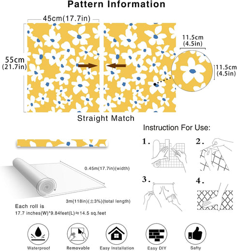 HAOKHOME 93391-1 Yellow Peel and Stick Wallpaper Floral Yellow/White/Blue Removable Wall Paper for Bedroom Bathroom Textured Stick on Contact Pape...