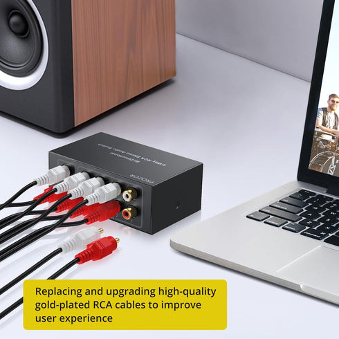 PROZOR RCA Switch 4 Way Bi-Directional RCA Splitter with Volume Control and Switch Button, RCA Audio Selector with No Power Supply Needed for DVD ...