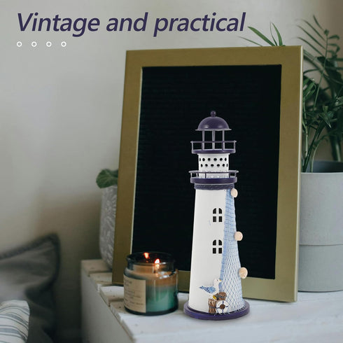Ciieeo Lighthouse Candle Lantern Mediterranean Ocean Lighthouse Ornaments Iron Tealight Candle Holder Nautical Lighthouse Figurine Coastal Table D...