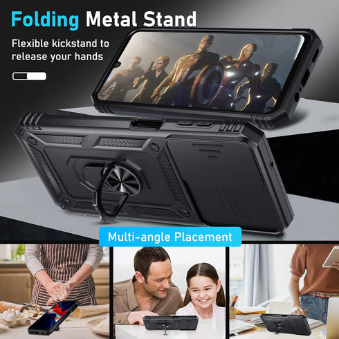 Janmitta Compatible with Galaxy A25 5G Case Built in Slide Camera Lens Cover+Screen Protector+Finger Ring Holder Kickstand,Heavy Duty Shockproof F...