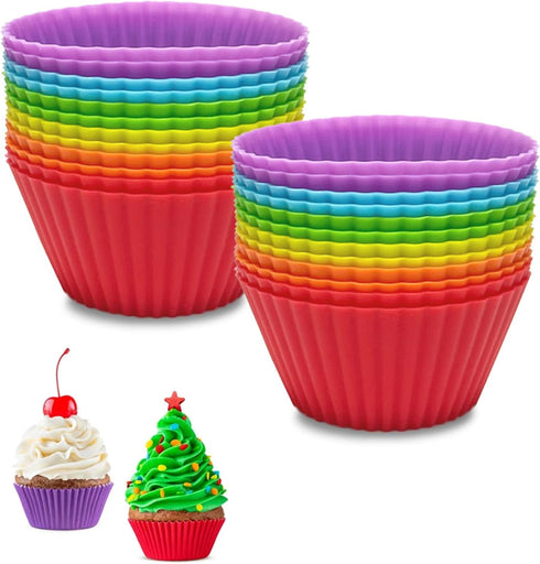 Silicone Baking Cups Round 24 Pack 2.75 inches Cups, Reusable Muffin Liners BPA Free, Non-stick Cake Cup Mold Set Multicolor by Mikim...