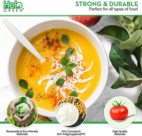 Eco-Friendly 50 Pack Cornstarch 6" Disposable Soup Spoons: Heavy Duty Disposable Spoons Alternative to Plastic Spoons, Plasticware Utensils Cutler...