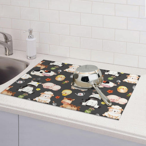 Farm Animal Dish Drying Mat for Kitchen Counter Cute Kitchen Mat Microfiber Kitchen Countertop Absorbent Reversible Drainer Rack Pad Dish Drying M...