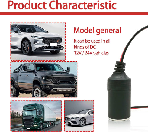 Car Charger Power Cigarette Lighter Female Socket Cable Plug Adapter, 12V 24V Car Replacement Cigar Cable Connector Adapter Auto Charger Power Cor...