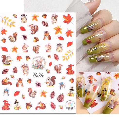 Fall Nail Art Stickers 3D Self-Adhesive Thanksgiving Nail Art Supplies Maple Leaf Nail Stickers Pumpkin Leaf Squirrel Sunflower Flower Designs Nai...