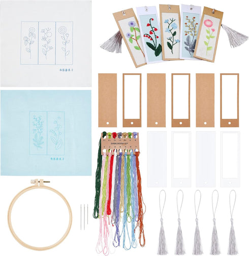 AHANDMAKER Embroidery Bookmark Set, Floral Plant Stamped Embroidery Bookmark for Starter Adults DIY Counted Cross Stitch Kit with Needle Tassel Ca...