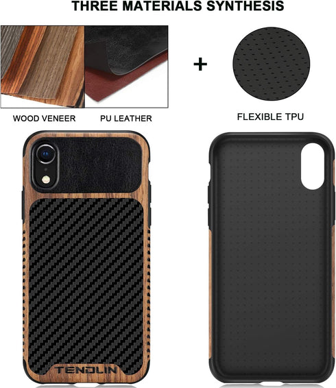 TENDLIN Compatible with iPhone XR Case Wood Grain with Carbon Fiber Texture Design Leather Hybrid Slim Case Compatible with iPhone XR (Carbon & Le...