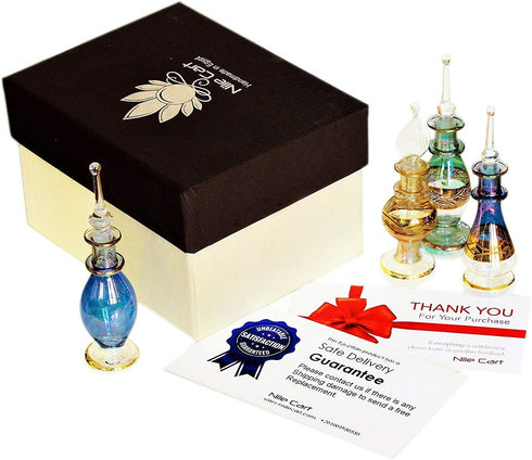 NileCart Egyptian Perfume Bottles 6 Pack Size 2” Hand Blown With Handmade Golden Egyptian Decoration For Perfumes Oil & Essential Oils....