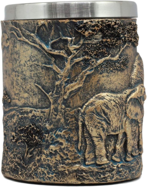 Ebros Animal Totem Spirit Safari Elephant And Calf Family Mug Textured With Rustic Textured Tree Bark Design In Painted Bronze Finish 12oz Drink B...