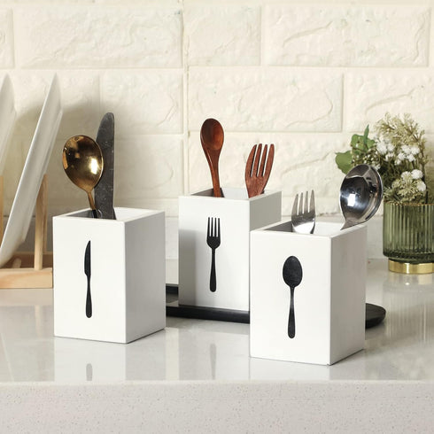 Kathfly 4 Pcs Silverware Caddy Utensil Holder for Countertop Silverware Organizer with Wood Tray Spoon Fork Holder for Kitchen Parties(White)...