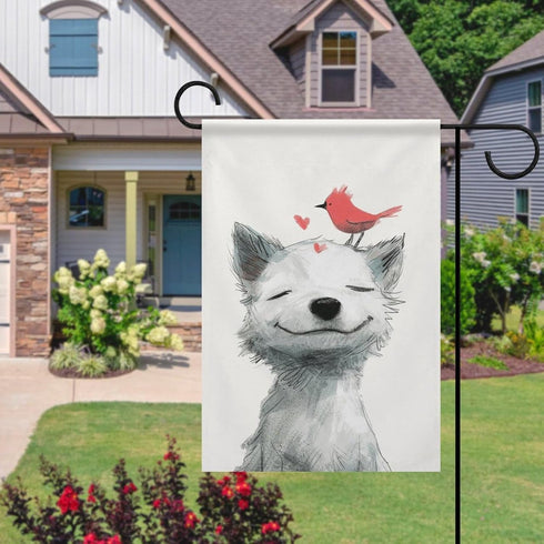 Small Joyful Dog with A Bird on Its Head Garden Flag Cute Animal House Yard Flag Seasonal Holiday Outside Holiday Decoration Home Decor Double Sid...