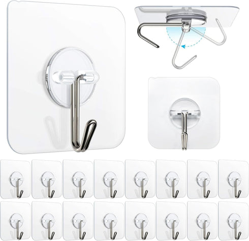 Wall Hooks (16 Count), Reusable Transparent Seamless Wall Hooks for Hanging, Hooks Heavy Duty 13lb (Max), Waterproof Shower Hooks, Adhesive Hooks ...