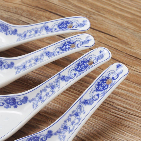 5-inch Porcelain Chinese Knot Blue Floral Soup Spoons Set of 4...