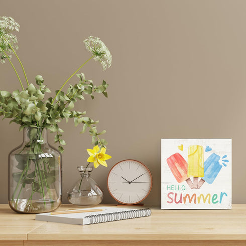 Summer-Home-Decor-Wooden-Box,Hello Summer,Summer Decorations for Home Office Indoor Farmhouse Kitchen Shelf Table,5x5 Inch...
