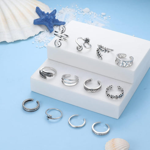 Sanfenly 12PCS Adjustable Toe Rings for Women Gold Silver Black Open Toe Rings Set Flower Arrow Leaf heart CZ Tail Pinky Band Rings Summer Beach F...