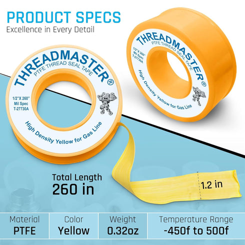 Yellow Gas Pipe Thread Sealant Tape - Pack of 1-260" Length 1/2" Width Thread Seal Tape - for Propane, Natural Gas, and More...