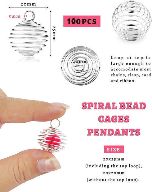 JIALEEY Spiral Bead Cages Pendants, 100 PCs 20x25mm Silver Plated Stone Holder Necklace Cage Pendants Findings for Jewelry Making and Crafting...