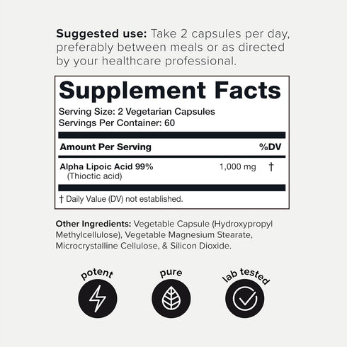 Toniiq 1000mg Ultra High Strength Alpha Lipoic Acid Capsules - Highly Purified 99%+ USP Standard - 120 Capsules ALA Supplement...