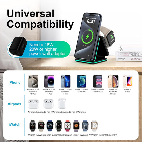 3 in 1 Wireless Charging Station for iPhone 15/14/13/12 Pro/Max/Mini, Magnetic Charger Foldable for AirPods 3/2/Pro, Travel Wireless Charging Pad ...