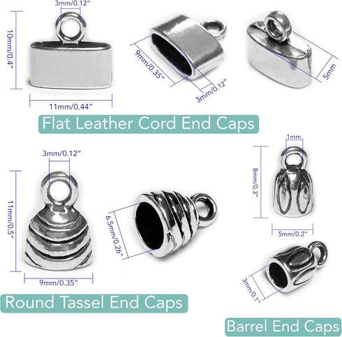 Silver Cord End Cap Kumihimo Kit Flat Leather Cord End Caps Round Tassel End Caps Barrel End Caps Bracelet Making Supplies Leather Bracelet Making...